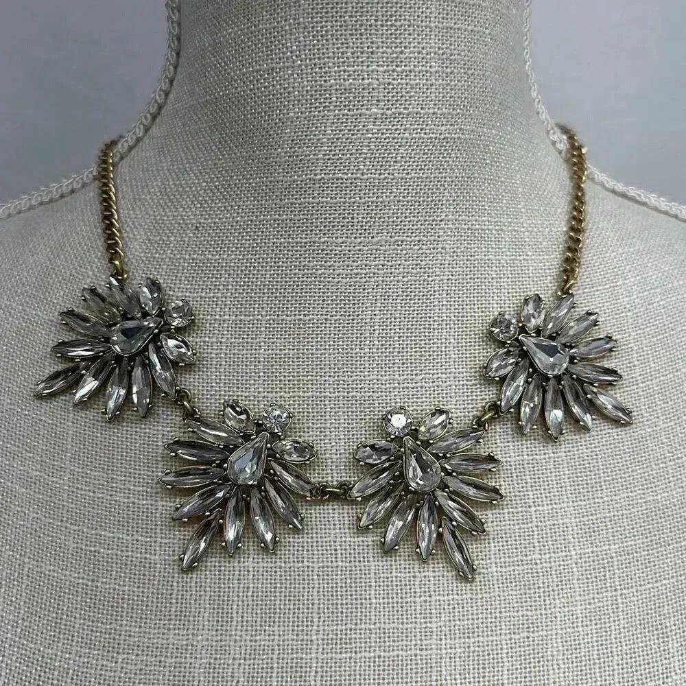 J. Crew Gold Toned Rhinestone Crystal Cluster Statement Necklace
